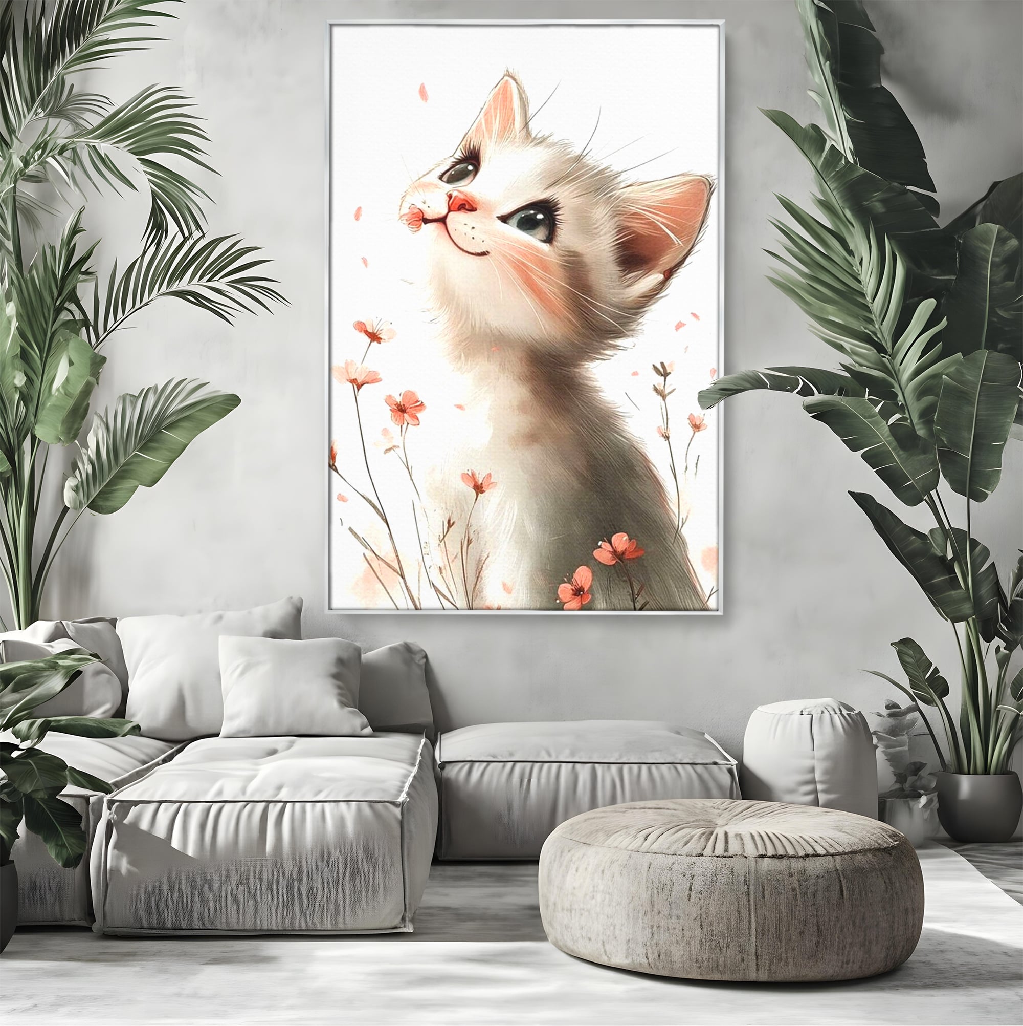 Tablou canvas cu ilustratie cu pisicuta alba si flori roz, in rama de aluminiu argintiu, pe perete intr-un living